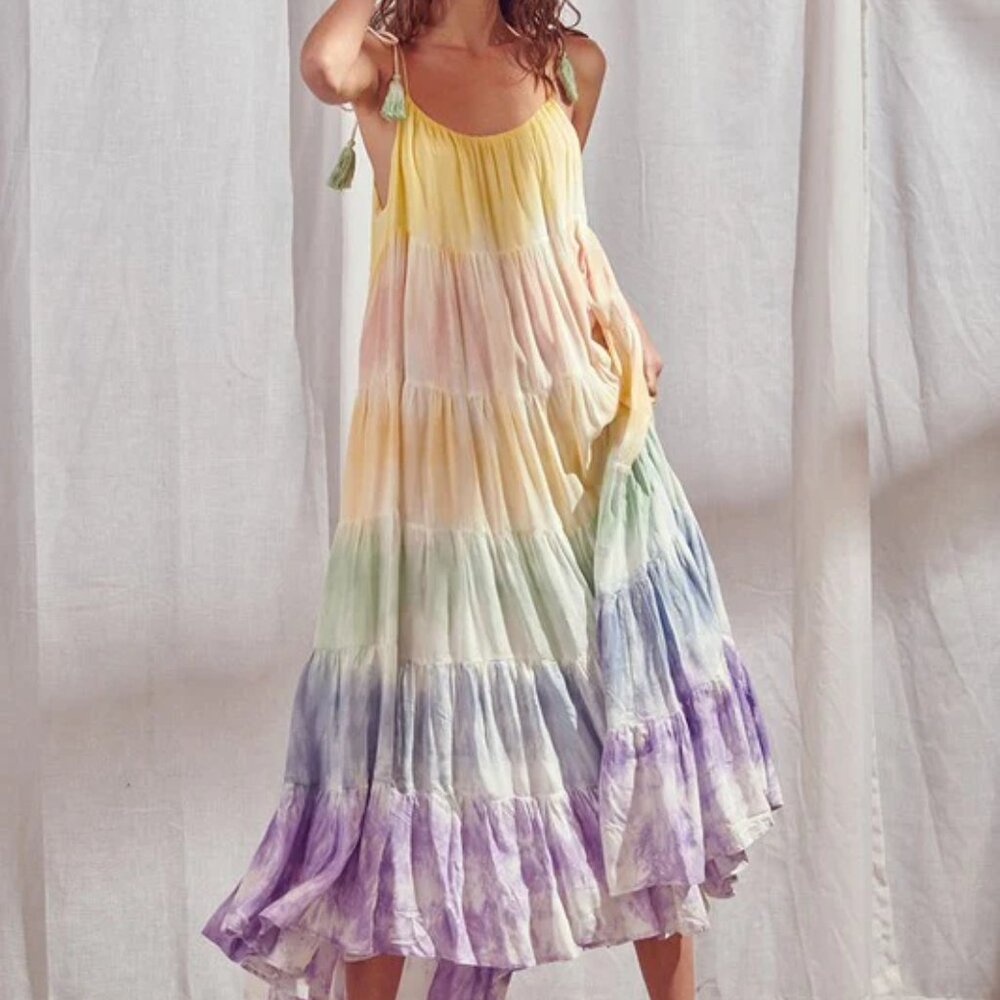 STORIA Tie-dye Color Block Ombre Pastel Maxi Dress Adjustable Tie Tassels Size M